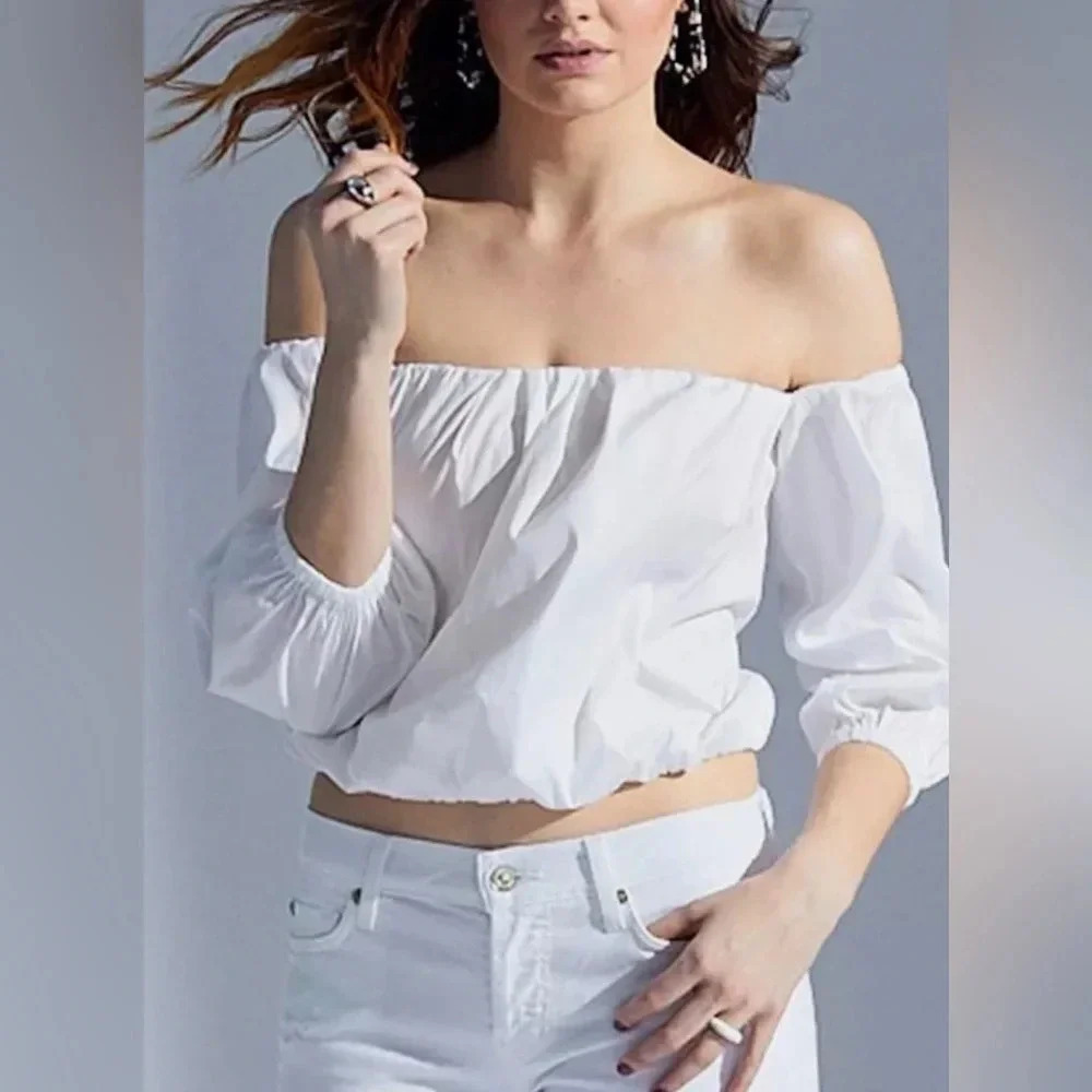 7 For All Mankind White Puff sleeve Off-shoulder‎ Top Size S